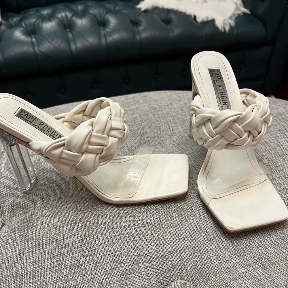 Cape Robbin Cream Braided Clear Strap Block Heel Sandals